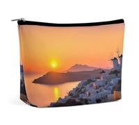 JTREHY Women's Cosmetic Bag,Greece Island Sunset Landscape Printed Large Capacity Portable with Zipper Toiletry Bag Storage Bag,Waterproof Travel Wallet for Women And Girls Gifts, Greece Island Sunset