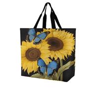 JTREHY Yellow Sunflowers with Blue Butterflies Grocery Bag Heavy Duty Reusable Shopping Bag Washable Foldable Shopping Totes with Handles Multi-Purpose Large Capacity Grocery Bags for Beach Picnic