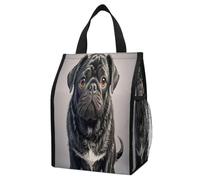 JTREWBV Reusable Insulated Lunch Tote Bag,Cute Black Pug Dog Print Lunch Box Bag,Wide-Open Foldable Portable Lunch Tote with Side Pockets