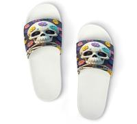JTREWBV Summer Slippers for Women And Men Colorful Flower Skull Print PVC Home Slippers Shower Shoes Bathroom Sandals, Non-Slip, Easy to Clean