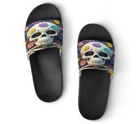 JTREWBV Summer Slippers for Women And Men Colorful Flower Skull Print PVC Home Slippers Shower Shoes Bathroom Sandals, Non-Slip, Easy to Clean
