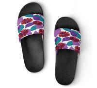 JTREWBV Summer Slippers for Women And Men Flower Leaves Purple Print PVC Home Slippers Shower Shoes Bathroom Sandals, Non-Slip, Easy to Clean