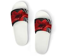 JTREWBV Summer Slippers for Women And Men Red Flower Print PVC Home Slippers Shower Shoes Bathroom Sandals, Non-Slip, Easy to Clean