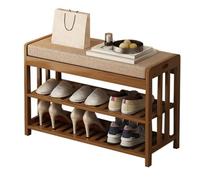 JTSMJQIE Bamboo Shoe Rack Bench with 3-Tier Storage, Padded Linen Seat, Natural Entryway Organizer for Hallway & Bedroom