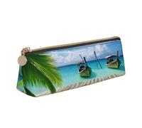 JTXSFYZPB Seaside Boat Coconut Leaves - Pencil Case Leather Pencil Pouch Portable Stationery Organizer Box Printed Small Pen Holder with Zipper for Kid Girls Boys Women Men