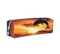 JTXSFYZPB Stylish Leather Pencil Case - Dolphin At Dusk - Cute Pencil Pouch for Kids Girls and Boys - Stationery Pouch Makeup Organizer with Zip