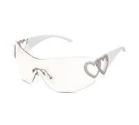 JTYKUYR Y2K Wrap Around Rimless Sunglasses Trendy Shield Silver Heart 2000S Fashion Frameless Sun Glasses for Women Men, White Frame/Clear Lens