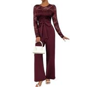 Juankrynord Women's Elegant lace long-sleeved splicing zipper tie solid color loose jumpsuit elegant leisure etiquette set summer home wear jumpsuit (Burgundy,XL)