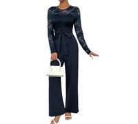 Juankrynord Women's Elegant lace long-sleeved splicing zipper tie solid color loose jumpsuit elegant leisure etiquette set summer home wear jumpsuit (Navy,L)