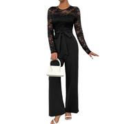 Juankrynord Women's Elegant lace long-sleeved splicing zipper tie solid color loose jumpsuit elegant leisure etiquette set summer home wear jumpsuit (Black,M)