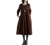 Juankrynord Women's Fashion Fall Elegant A-line Doll Neck Corduroy Dress Cute Long Sleeve Pleated Pullover with Pockets Midi Dresses (Brown,XL)