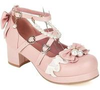 Juankrynord Women's Mary Jane Heels Kawaii Sweet Party Holiday Lace Bow Cute Evening Shoes Strappy Heels Lolita Gothic Dress Shoes (Pink,39)