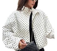 Juankrynord Women's Spring Fashion Black and White Polka Dot Retro Elegant Classic Collared Short Jacket; Loose-Fit Casual Zipper Hem Drawstring Sports Jacket (White,S)