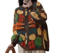 Juankrynord Women's Vintage Cute Oversized Crew Neck Floral Cardigan Sweater Cute Long Puffy Sleeve Cardigan V Neck Waisted Floral Knit