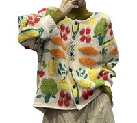Juankrynord Women's Vintage Cute Oversized Crew Neck Floral Cardigan Sweater Cute Long Puffy Sleeve Cardigan V Neck Waisted Floral Knit