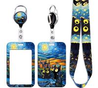 Juanooo Blue Starry Night Card Holder & Retractable Badge Reel Cute Cats Key Lanyard for Women Teachers ID Badge Cruise Ship Card Cool Reel Work School ID Holder