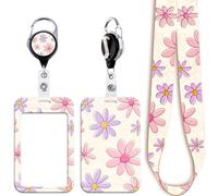 Juanooo Daisy Work Lanyard Card Holder with Retractable Badge Reel Cute Lanyard for Keys & ID Badge for Women Girls Teachers Flower Preppy School ID Holder(Pink & Purple)