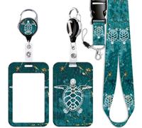 Juanooo Green ID Lanyard Card Holder & Retractable Badge Reel Clip Cool Keychain Neck Lanyard for Keys ID Badges for Women Men Boys Cruise Ship Card ID Holder (Sea Turtle)