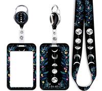 Juanooo Moon & Flowers Lanyard with Card Holder Retractable Reel Clip Cute Key Lanyard for Women Girls Staff Nurses for ID Badge Cool Teachers Students School Keychain for ID Holder