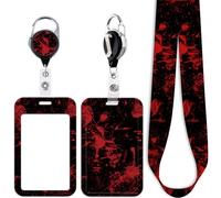 Juanooo Red & Black ID Lanyard Card Holder & Retractable Badge Reel Clip Cool Goth Keychain for Keys ID Badges for Women Men Teens Horror Halloween Blood Key Lanyard ID Holder