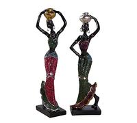Juanxian 2Pcs Resin African Sculpture Tribal Lady Figurine Statue Decor Collectible Art Creative Crafts Dolls Ornaments Black Women Candle Holder Vintage Gift W4547-Standing