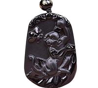 juanxian Feng Shui Natural Obsidian Gemstone Zodiac Zodiac Carving Amulet Pendant Necklace W4015 (Monkey，Bright)