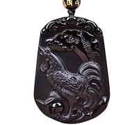 juanxian Feng Shui Natural Obsidian Gemstone Zodiac Zodiac Carving Amulet Pendant Necklace W4015 (Rooster-Honest)