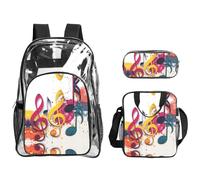 JUANYQME Colorful Music Notes Print Transparent Backpack Three-Piece Set With Matching Lunch Bag Pencil Case For Teens, Women, Men