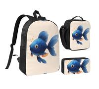 JUANYQME Cute Blue Fish Print 17in School Bag Pen Bag Lunch Bag Set For Students Teens