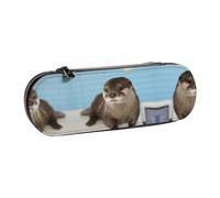 JUANYQME Cute Otter Print Leather Pencil Case Unique Print Design, Durable and Functional