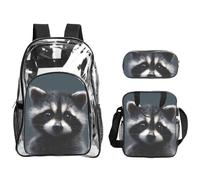 JUANYQME Cute Raccoon Print Transparent Backpack Three-Piece Set With Matching Lunch Bag Pencil Case For Teens, Women, Men