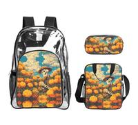 JUANYQME Marigold Fields And Skeleton Print Transparent Backpack Three-Piece Set With Matching Lunch Bag Pencil Case For Teens, Women, Men