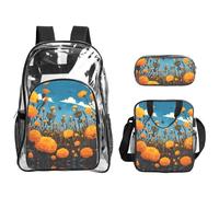 JUANYQME Marigold Fields And Skeleton Print Transparent Backpack Three-Piece Set With Matching Lunch Bag Pencil Case For Teens, Women, Men