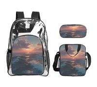 JUANYQME Ocean Under The Sunset Print Transparent Backpack Three-Piece Set With Matching Lunch Bag Pencil Case For Teens, Women, Men