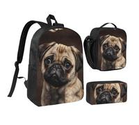 JUANYQME Pretty Pug Dog Print 17in School Bag Pen Bag Lunch Bag Set For Students Teens