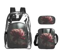 JUANYQME Rose Print Transparent Backpack Three-Piece Set With Matching Lunch Bag Pencil Case For Teens, Women, Men