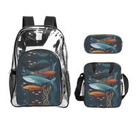 JUANYQME Sharks Swimming Print Transparent Backpack Three-Piece Set With Matching Lunch Bag Pencil Case For Teens, Women, Men