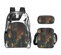 JUANYQME The Ancient Library Print Transparent Backpack Three-Piece Set With Matching Lunch Bag Pencil Case For Teens, Women, Men