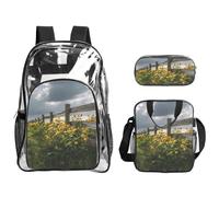 JUANYQME Vine Fence Grassland Sunflower Print Transparent Backpack Three-Piece Set With Matching Lunch Bag Pencil Case For Teens, Women, Men