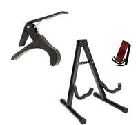 JUAREZ JRGS100 Metal Guitar Stand & Quick Change Metal Capo Combo | Universal Folding Stand for Electric, Bass & Acoustic Guitars | One-Handed Trigger Capo | Durable, Lightweight, Portable