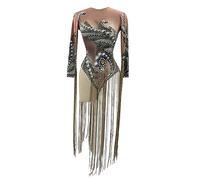 JUBAODS Fashion Bodysuit Women Tassel Printing Sexy Elastic Leotard Stage Nightclub Wear Show Dancer Ds Drag Queen Costume, Khaki, One Size