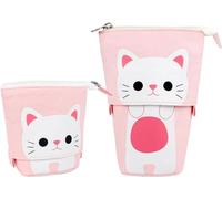 Jubaopen Cartoon Cute Cat Pencil Pouch Pink Standing Pen Holder Stationery Pen Case Telescopic Canvas Pen Pouch Bag with Zipper Canvas Telescopic Pencil Cases for Kids Students(17.5×12.5cm)