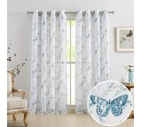 Jubilantex Butterfly Leaf Semi Sheer Curtains 95" L Curtain Panels for Kids Bedroom,Blue Print on White Light Filtering Window Drapes,Grommet Top