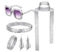 Jubilofex Women 70s Disco Costume - Multipurpose Retro Accessory Set, Earrings, Sequined Scarf, Sunglasses | Elegant Girl Jewelry Kit for Themed Parties, Dance Nights, Halloween Cosplay Dress Up