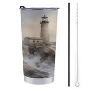Jubonexis 20 Oz Tumbler Travel Cup Lighthouse on The Rocky Coastline Vintage Water Bottle, Stainless Steel Vacuum Insulated Coffee Mug with Straw Lid and Cleaning Brush