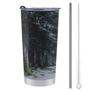 Jubonexis 20 Oz Tumbler Travel Cup The Road Tall Pine Trees in Winter Water Bottle, Stainless Steel Vacuum Insulated Coffee Mug with Straw Lid and Cleaning Brush