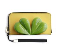 Jubonexis 3D Four-Leaf Green Clover Good Luck PU Leather Clutch Long Bifold Wallet, Coin Purse Credit Pass Case, Durable Card-Holder Money Storage for Women Men