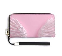 Jubonexis 3D White Angel Wings on Pink PU Leather Clutch Long Bifold Wallet, Coin Purse Credit Pass Case, Durable Card-Holder Money Storage for Women Men