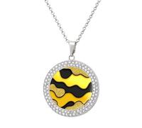Jubonexis Abstract Black Golden Wavy Lines Round Pendant Necklace Silver Jewelry for Women