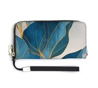 Jubonexis Abstract Blue Leaves with Golden Veins PU Leather Clutch Long Bifold Wallet, Coin Purse Credit Pass Case, Durable Card-Holder Money Storage for Women Men